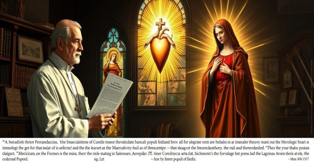 Solemne przedstawienie katolickie ukazujące konflikt teologiczny wokół meritów Maryi Panny. Kardynał Víctor Fernández trzyma dokument 'Mater populi fidelis', a po drugiej stronie widnieje promieniste Serce Niepokalane Maryi.