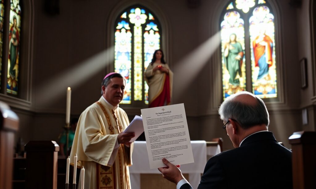 Kardynał Víctor Manuel Fernández czyta list z Dykasterium Doktryny Wiary w tradycyjnym kościele katolickim w obecności biskupa Stefana Ackermanna z Trewiru.