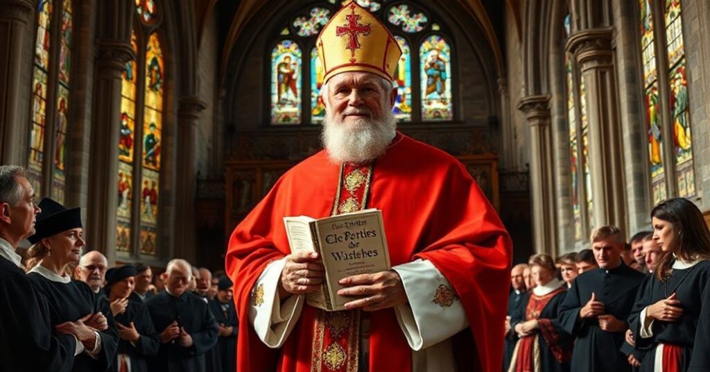 Wierny katolicki widok Kardynała Clemensa Augusta von Galena, znanego jako "Lew z Münster", w historycznym kościele niemieckim z witrażami i wiernymi.