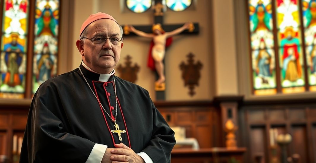 Kardynał w kościele jako symbol duchowego kryzysu w Kościele katolickim Kardynał w tradycyjnym stroju katolickim podczas modlitwy w kościele, symbolizujący duchową powagę i kryzys wiary