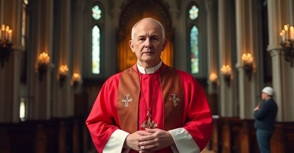 Ksiądz katolicki w tradycyjnym stroju w surowym wnętrzu kościoła, wyraz głębokiej refleksji i krytyki modernistycznych tendencji w Kościele