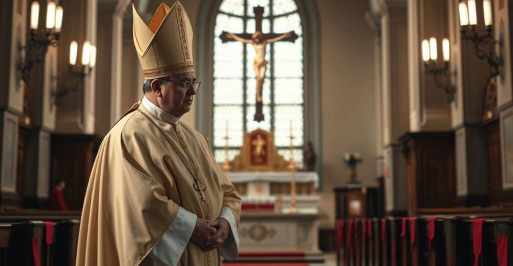 Kardynał w tradycyjnych szatach liturgicznych w kościele, symbolizujący wierność katolickiej nauce i krytykę modernistycznej hierarchii