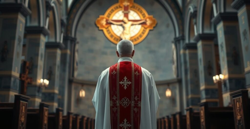 Kapłan w liturgicznych szatach w świątyni, symbolizujący autorytet Kościoła i wierność tradycji katolickiej