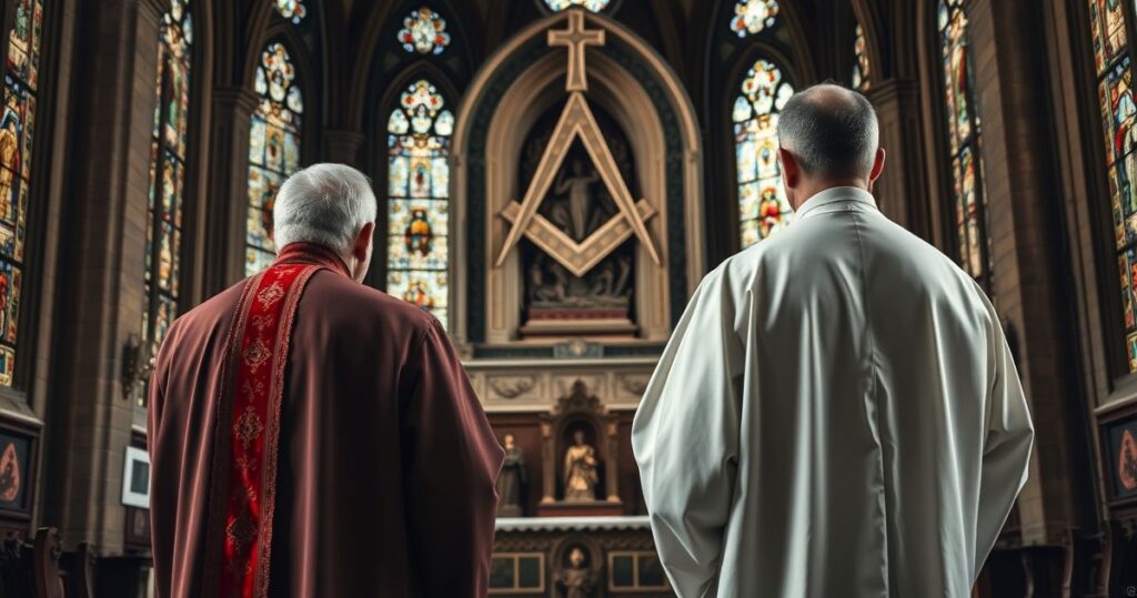 Kardynał w tradycyjnym stroju katolickim, z powagą patrzący na masoński pomnik w kościele, symbolizując duchową walkę i zdradę wiary.