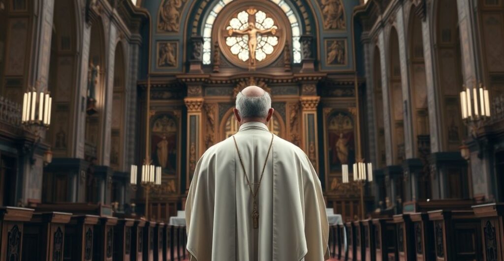 Duchown katolicki w liturgicznym stroju, stojący przed ołtarzem z krucyfiksem w pięknym wnętrzu kościoła, obraz refleksji i powagi wobec prawdziwej wiary i walki z modernizmem.