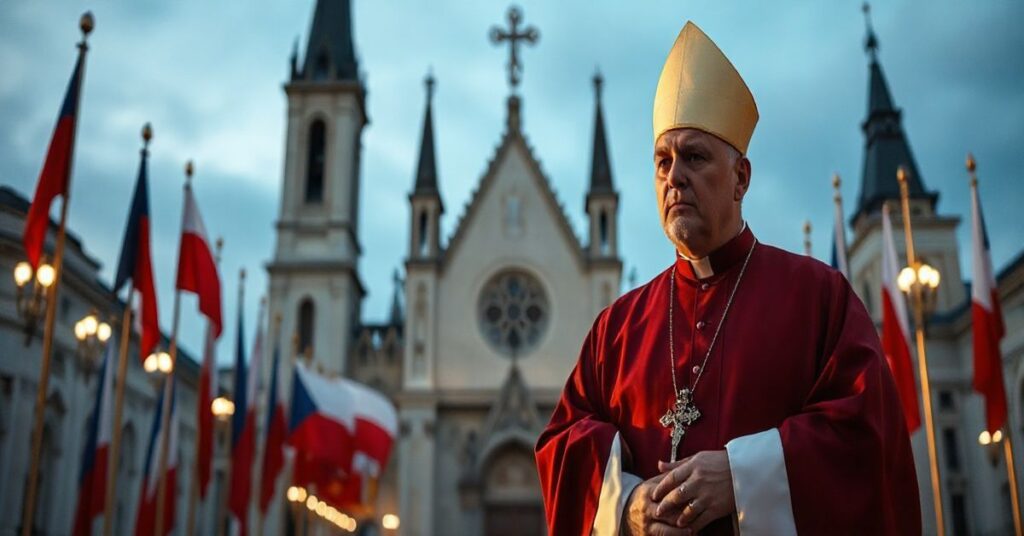 Kardynał w sutannie na tle katedry, z wyrazem powagi i determinacji, symbolizujący walkę o prawdziwe wartości katolickie wobec zagrożeń modernistycznych w Czechach