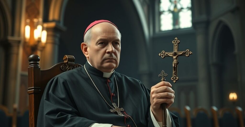 Kardynał w tradycyjnym stroju katolickim w modlitewnej postawie w starym kościele, symbolizujący obronę wiary przed modernistycznym zagrożeniem