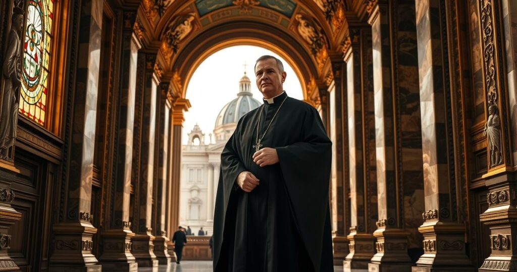 Kardynał w sutannie w eleganckim korytarzu watykańskim, symbolizujący tradycję i krytykę modernistycznych zmian w Kościele katolickim