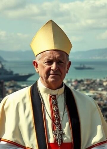 Kardynał w tradycyjnych szatach kapłańskich stojący przed zniszczonym krajobrazem Wenezueli z amerykańskimi okrętami wojennymi w tle.