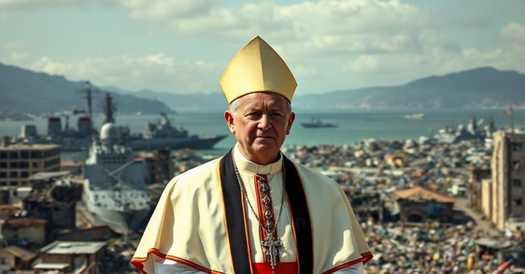 Kardynał w tradycyjnych szatach kapłańskich stojący przed zniszczonym krajobrazem Wenezueli z amerykańskimi okrętami wojennymi w tle.