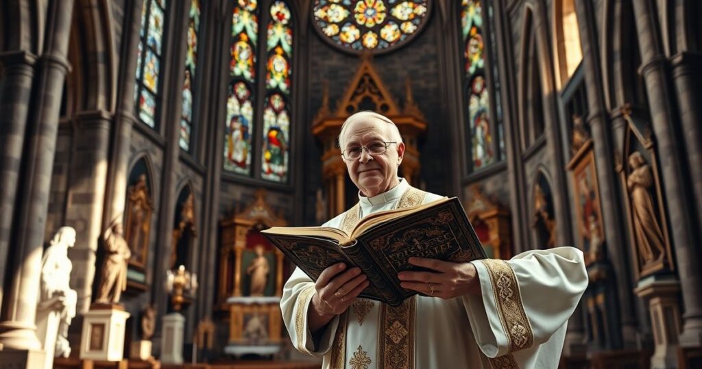 Kapłan katolicki w tradycyjnych szatach stojący przy ołtarzu w historycznym kościele, symbolizujący wierność doktrynie katolickiej