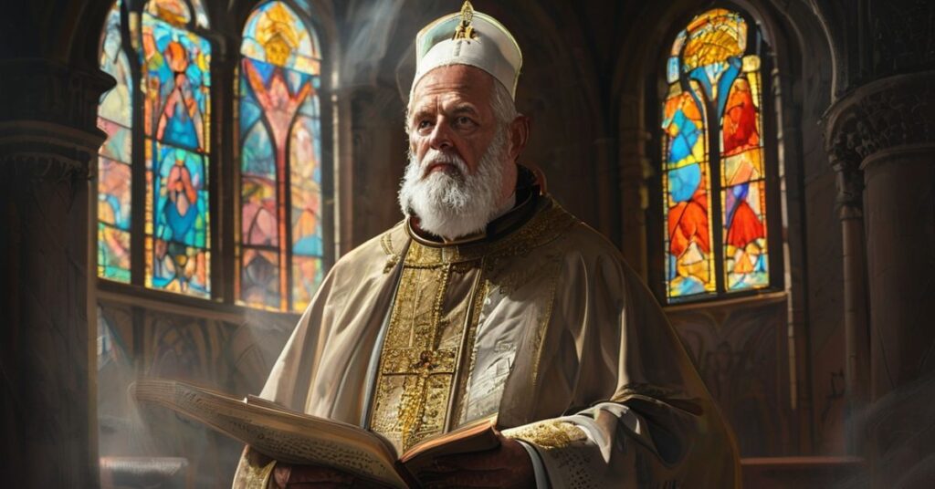 Kardynał Rainer Maria Woelki w tradycyjnym stroju liturgicznym stojący w katedrze z widokiem na okna witrażowe przedstawiające sceny biblijne.