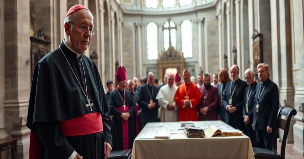 Kardynał Woelki stoi w tradycyjnym katolickim kościele, patrząc na dokument "Drogi Synodalnej" wśród biskupów i świeckich