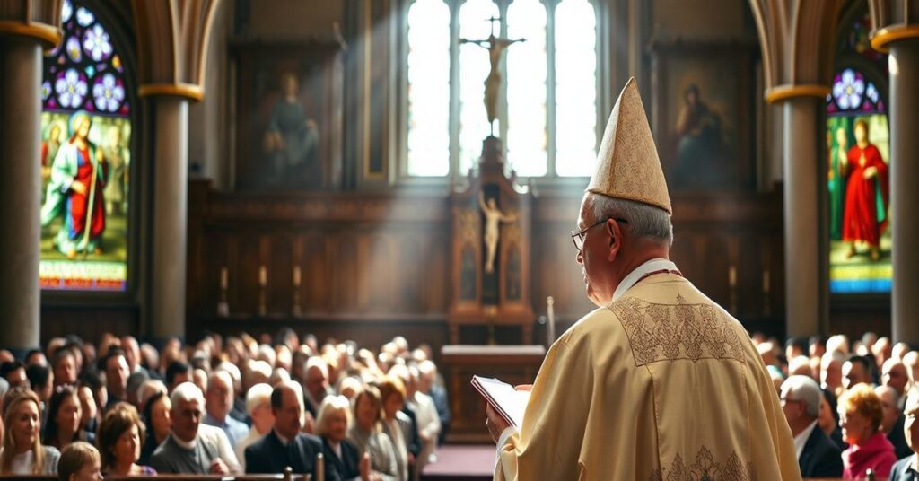 Biskup w tradycyjnych szatach kościelnych mówi do zgromadzenia w katedrze o zagrożeniach modernizmu i synodalnej drogi niemieckiej.