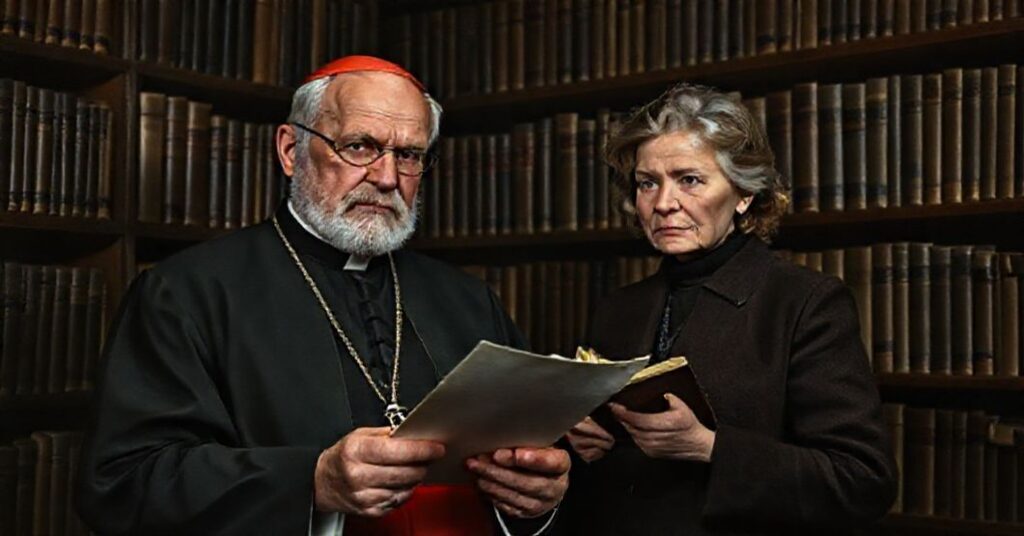 Portret Kardynała Karola Wojtyły i Anny Teresy Tymienieckiej w tradycyjnej bibliotece katolickiej