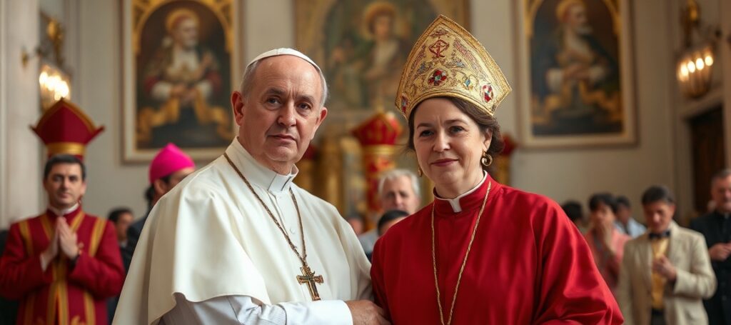 Portret kardynała Stefana Wyszyńskiego przed katedrą gnieźnieńską z tłem symbolizującym apostazję posoborową.