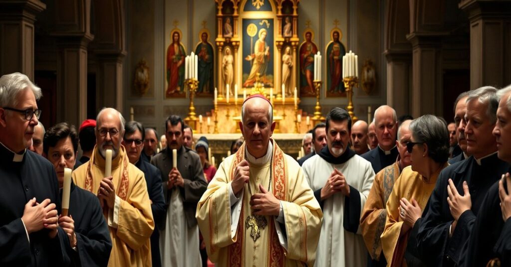 Obraz przedstawiający procesję katolicką z kardynałem Stefanem Wyszyńskim, ukrywającą herezję soboru watykańskiego II w polskim kontekście.