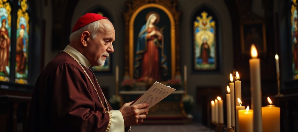 Kardynał Stefan Wyszyński modli się przed obrazem Matki Boskiej Częstochowskiej z listem do Albina Lucianiego (uzurpatora Jana Pawła I), symbolizując kolaborację z sekta posoborową.