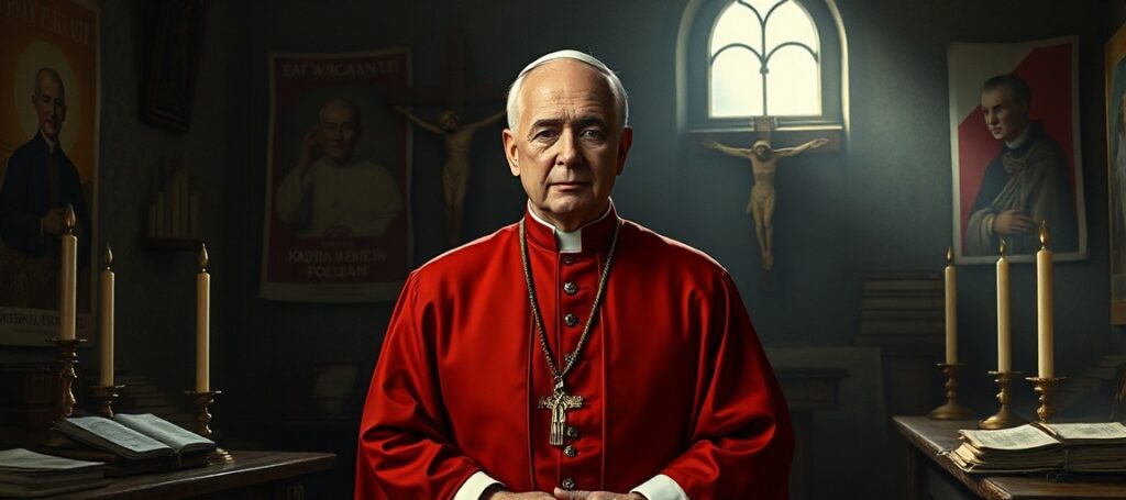 Portret kardynała Stefana Wyszyńskiego w tradycyjnym stroju kościelnym w kaplicy z krzyżem i świecami, symbolizujący konflikt między jego osobistą pobożnością a zdradą Tradycji Kościoła.