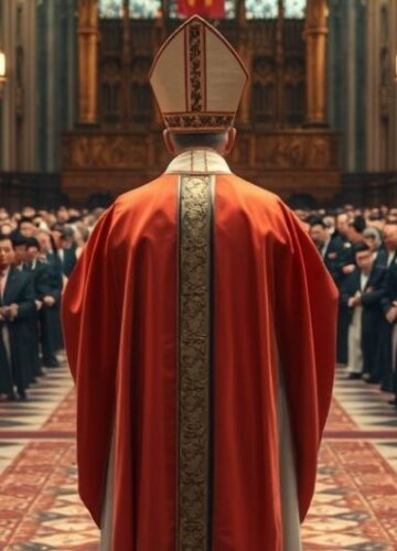 Kardynał w katolickiej katedrze podczas kryzysu wiary i zdrady duchowej Kardynał w liturgicznym stroju, wyraz troski i rozczarowania podczas nabożeństwa, symbolizujący duchowe zagrożenie zdrady wiary