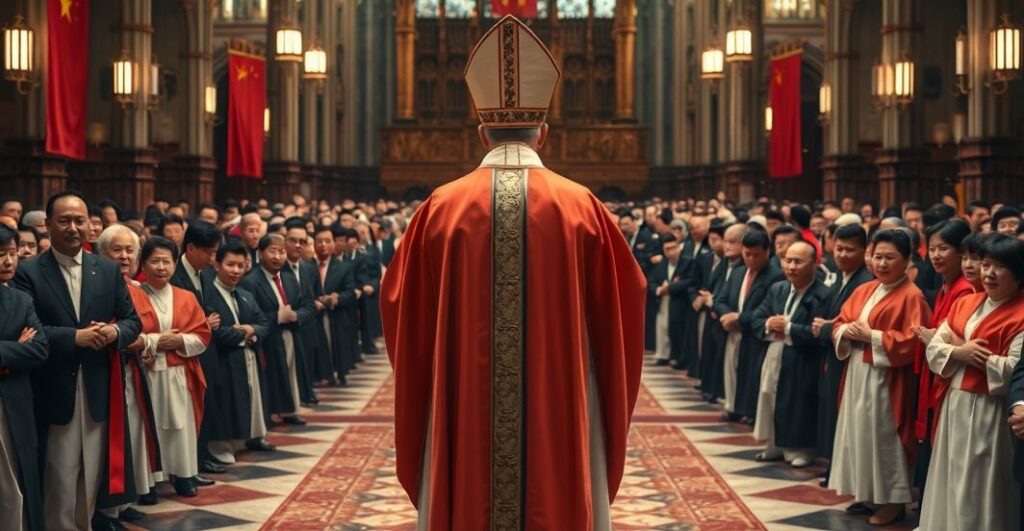 Kardynał w liturgicznym stroju, wyraz troski i rozczarowania podczas nabożeństwa, symbolizujący duchowe zagrożenie zdrady wiary