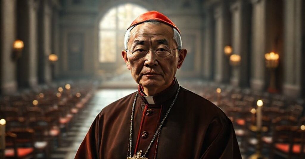 Emerytowany "kardynał" Joseph Zen w tradycyjnej szacie kardynalskiej stojący w kaplicy Watykańskiej z wyrażeniem poważnego zaniepokojenia