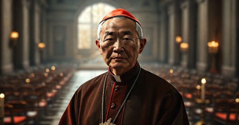 Emerytowany "kardynał" Joseph Zen w tradycyjnej szacie kardynalskiej stojący w kaplicy Watykańskiej z wyrażeniem poważnego zaniepokojenia