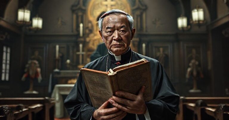 Portret "kardynała" Josepha Zena w tradycyjnym katolickim kościele, symbolizujący upadek teologiczny ery posoborowej.