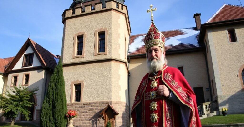 Kardynał Mario Zenari przed ruinami kościoła w Syrii, symbolizującym humanitaryzm zamiast prawdziwej ewangelizacji.