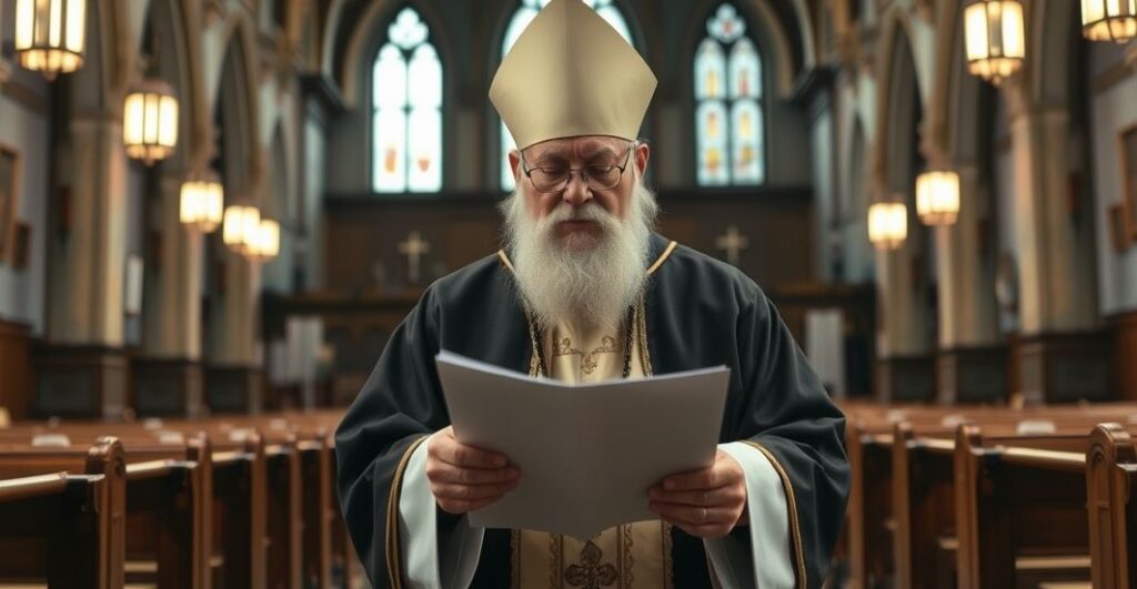 Kardynał w liturgicznym stroju odczytujący dokument w kościele, wyraz powagi i krytyki modernistycznych tendencji
