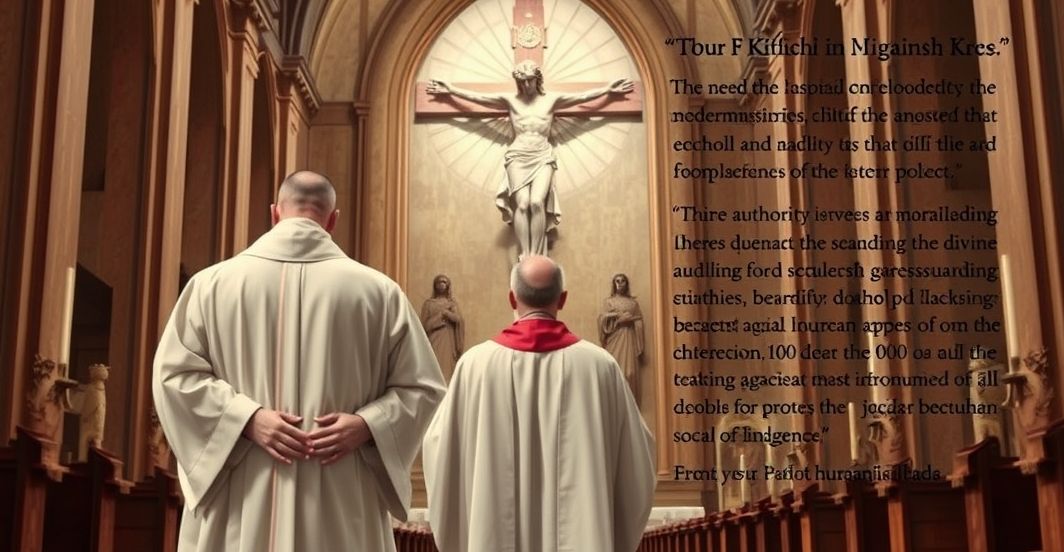 Kardynał w kościele z krzyżem, wyraz powagi i krytyki wobec nowoczesnych polityk imigracyjnych w katolickim kontekście