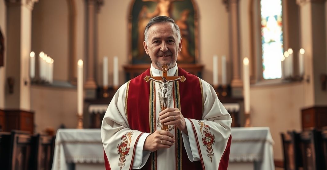 Ksiądz katolicki w tradycyjnym stroju, w kościele, trzymający krucyfiks, symbolizujący wiarę i moralność.