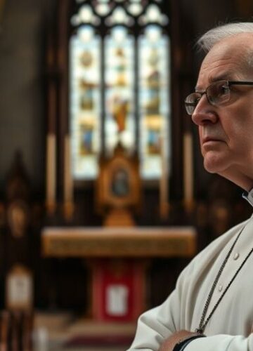 Kardynał w kościele - symbol kryzysu duchowego i odwrócenia od nauki katolickiej Kardynał w tradycyjnym stroju liturgicznym w katolickim kościele, wyraz powagi i troski, symbolizujący duchową kryzys i brak nadprzyrodzonego przeznaczenia w nowoczesnych mediach