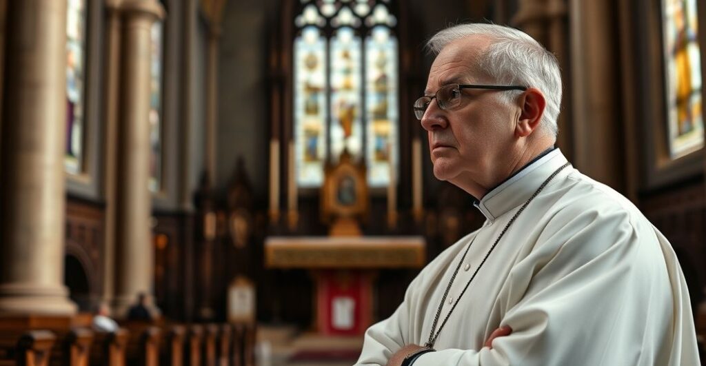 Kardynał w tradycyjnym stroju liturgicznym w katolickim kościele, wyraz powagi i troski, symbolizujący duchową kryzys i brak nadprzyrodzonego przeznaczenia w nowoczesnych mediach
