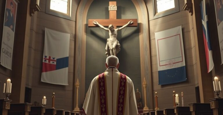 Kardynał w tradycyjnym stroju przed krucyfiksem, symbolizujący duchową opozycję wobec materialistycznego reżimu i zaniedbania panowania Chrystusa
