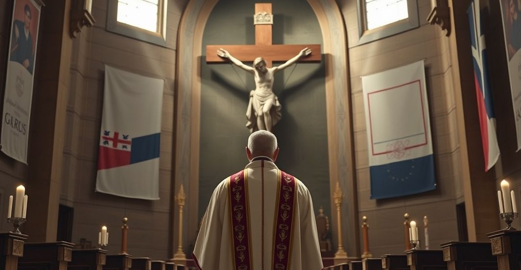 Kardynał przed krucyfiksem jako symbol duchowego oporu wobec materialistycznego reżimu Kardynał w tradycyjnym stroju przed krucyfiksem, symbolizujący duchową opozycję wobec materialistycznego reżimu i zaniedbania panowania Chrystusa