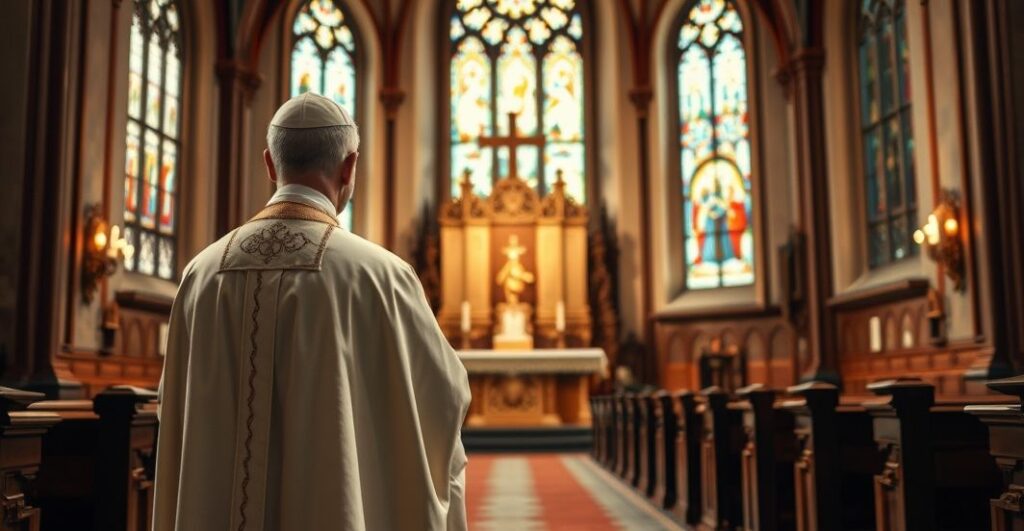 Kardynał w tradycyjnym stroju katolickim w świątyni, modlący się przed ołtarzem, symbol wiary i powagi Kościoła katolickiego