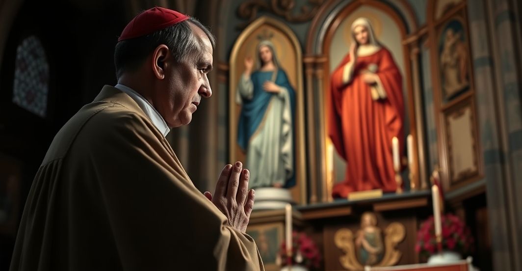 Kardynał w tradycyjnym stroju modli się przed obrazem Matki Bożej w świątyni, ukazując powagę i kontemplację w katolickim duchu