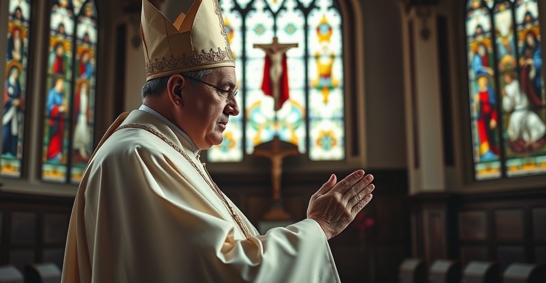 Kardynał w tradycyjnym stroju katolickim modli się w kościele, symbolizując sprzeciw wobec świeckich wpływów w polityce i ekonomii z perspektywy sedevacantistycznej