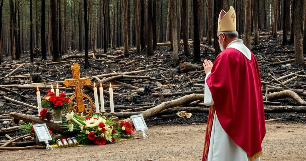 Ksiądz katolicki modli się przy pomniku ofiar pożarów lasów w Hiszpanii, podkreślając potrzebę pokuty i nawrócenia w obliczu katastrof naturalnych.