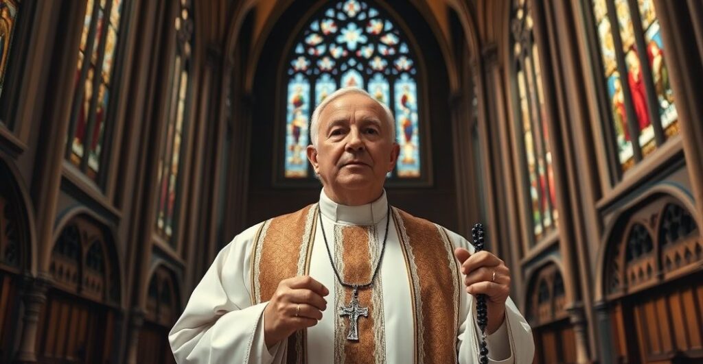 Kardynał w tradycyjnym stroju katolickim, modlący się w gotyckim kościele, symbolizujący krytykę modernistycznych obrzędów maryjnych