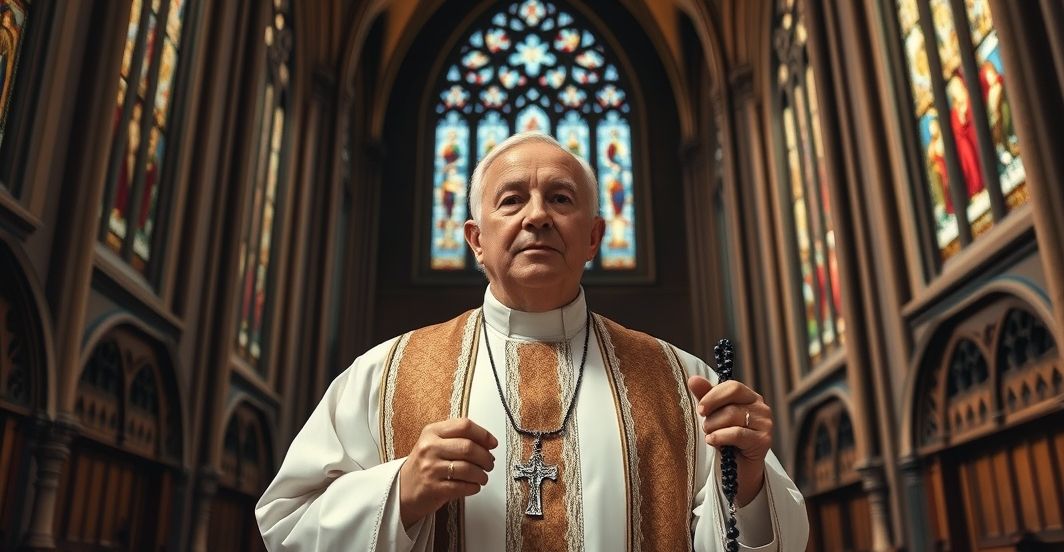 Kardynał w tradycyjnym stroju katolickim, modlący się w gotyckim kościele, symbolizujący krytykę modernistycznych obrzędów maryjnych