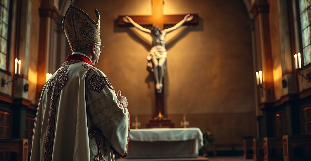 Kardynał w liturgicznym stroju modlący się przed krucyfiksem w kościele, symbolizujący katolickie wartości i moralną powagę