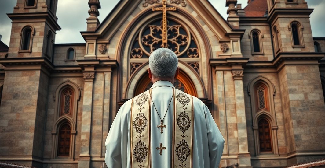 Kardynał w modlitwie przed kościołem - refleksja nad wojną i Królem Chrystusem Kardynał w sutannie przed kościołem katolickim, refleksja nad wojną i brakiem Królestwa Chrystusa