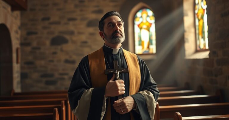 Kardynał w tradycyjnych szatach katolickich w kościele, trzymający krucyfiks, wyraz skupienia i pokory, symbolizujący duchową siłę i wiarę w obliczu światowych konfliktów.