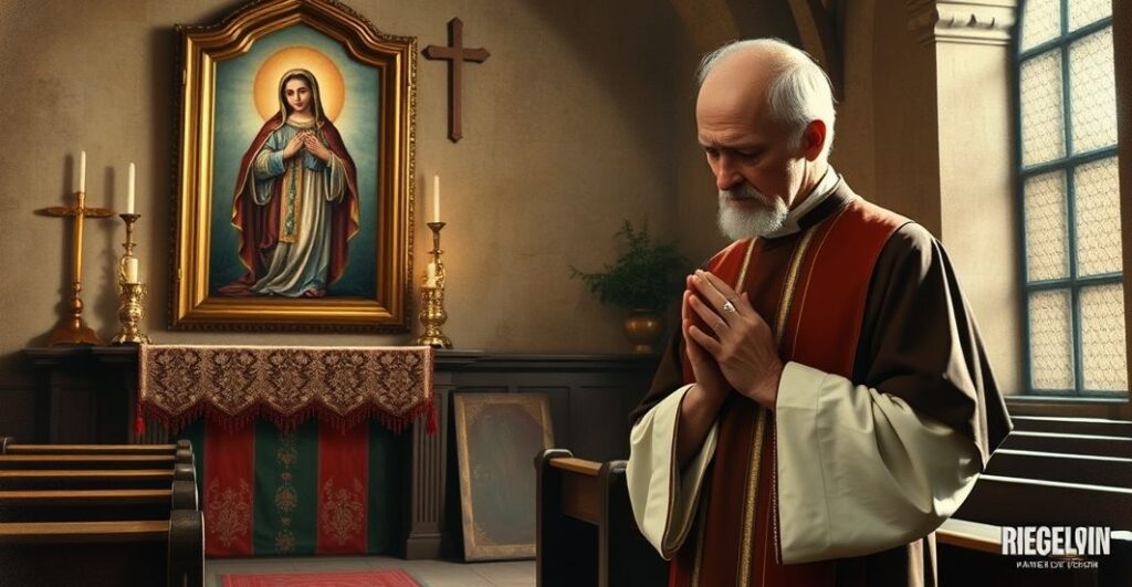 Ksiądz modli się w skromnym kościele, wyraz zadumy i pokory, symbolizujący krytykę modernistycznej posoborowej ewolucji kościoła
