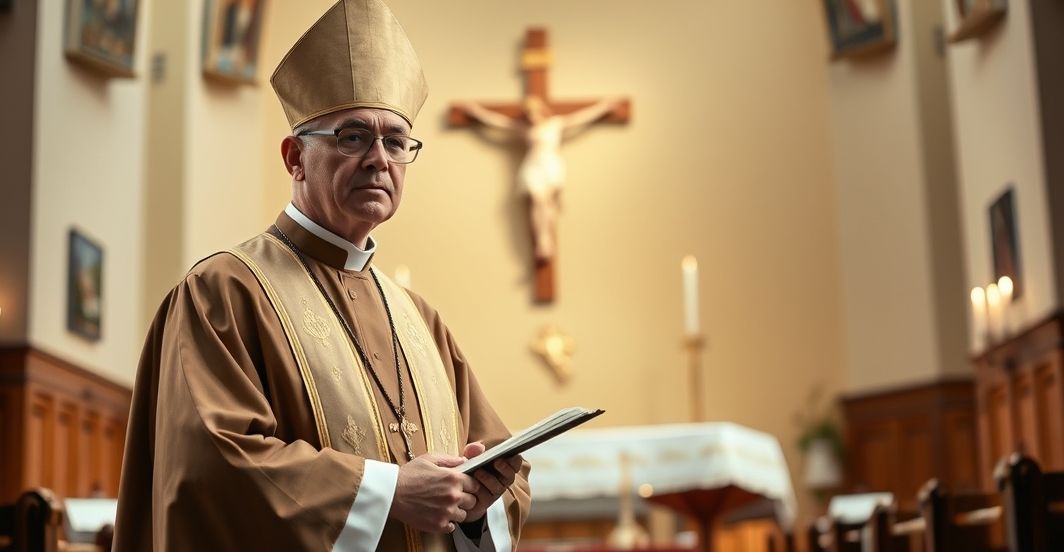 Ksiądz modlący się w świątyni, wyraz głębokiej wiary i refleksji nad prawdziwym dziedzictwem katolickim, w kontraście do nauk o genetyce i migracji