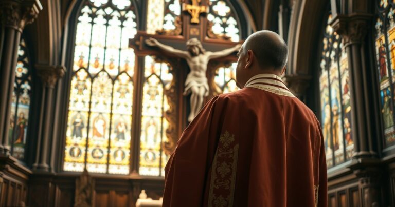Kardynał w liturgicznej szacie stojący przed krucyfiksem w tradycyjnej świątyni katolickiej, symbolizujący wiarę i duchowość