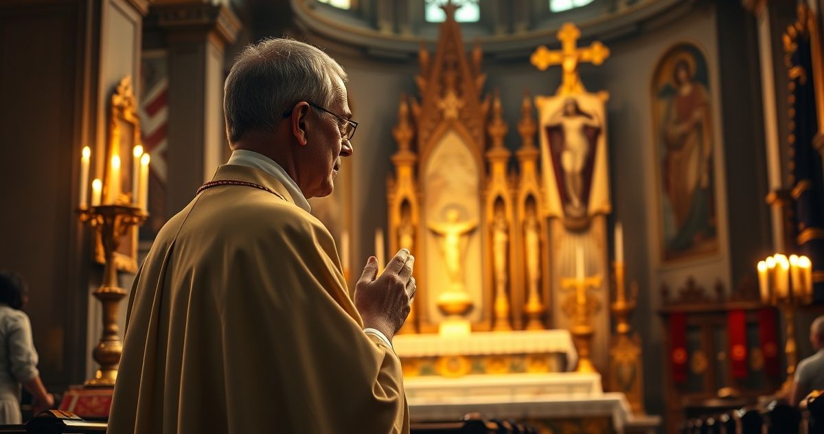 Realistyczne zdjęcie katolickiego kapłana modlącego się w tradycyjnym kościele, symbolizujące wierność naukom Kościoła przed reformami soborowymi