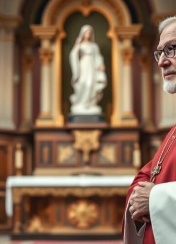Szarfa katolickiego duchownego w modlitwie w tradycyjnym kościele Kardynał w tradycyjnych szatach katolickich w modlitewnej scenie w kościele z figurą Matki Bożej, wyraz powagi i refleksji